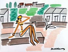 figurative drawing "Bather in Normandy" watercolors and indian ink on paper