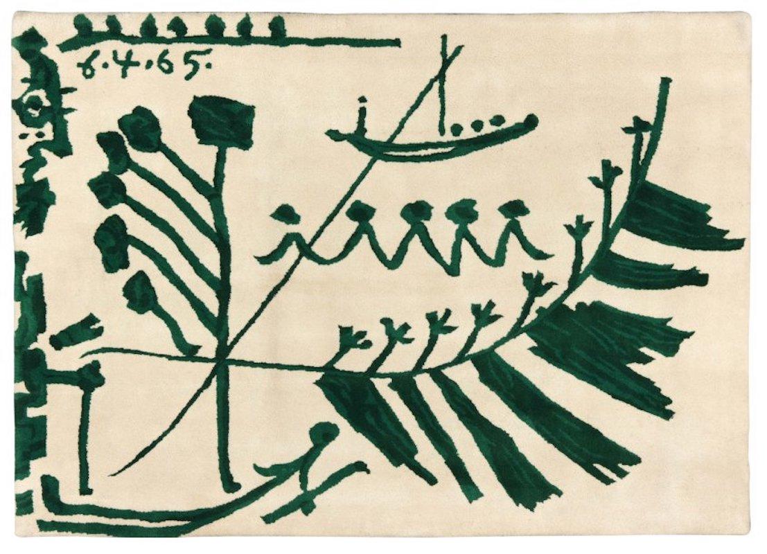 Wandteppich mit Meeresansicht, Picasso, Teppich, Design, Wolle, 1960er Jahre, Interieur, Creme, Grün – Art von Pablo Picasso