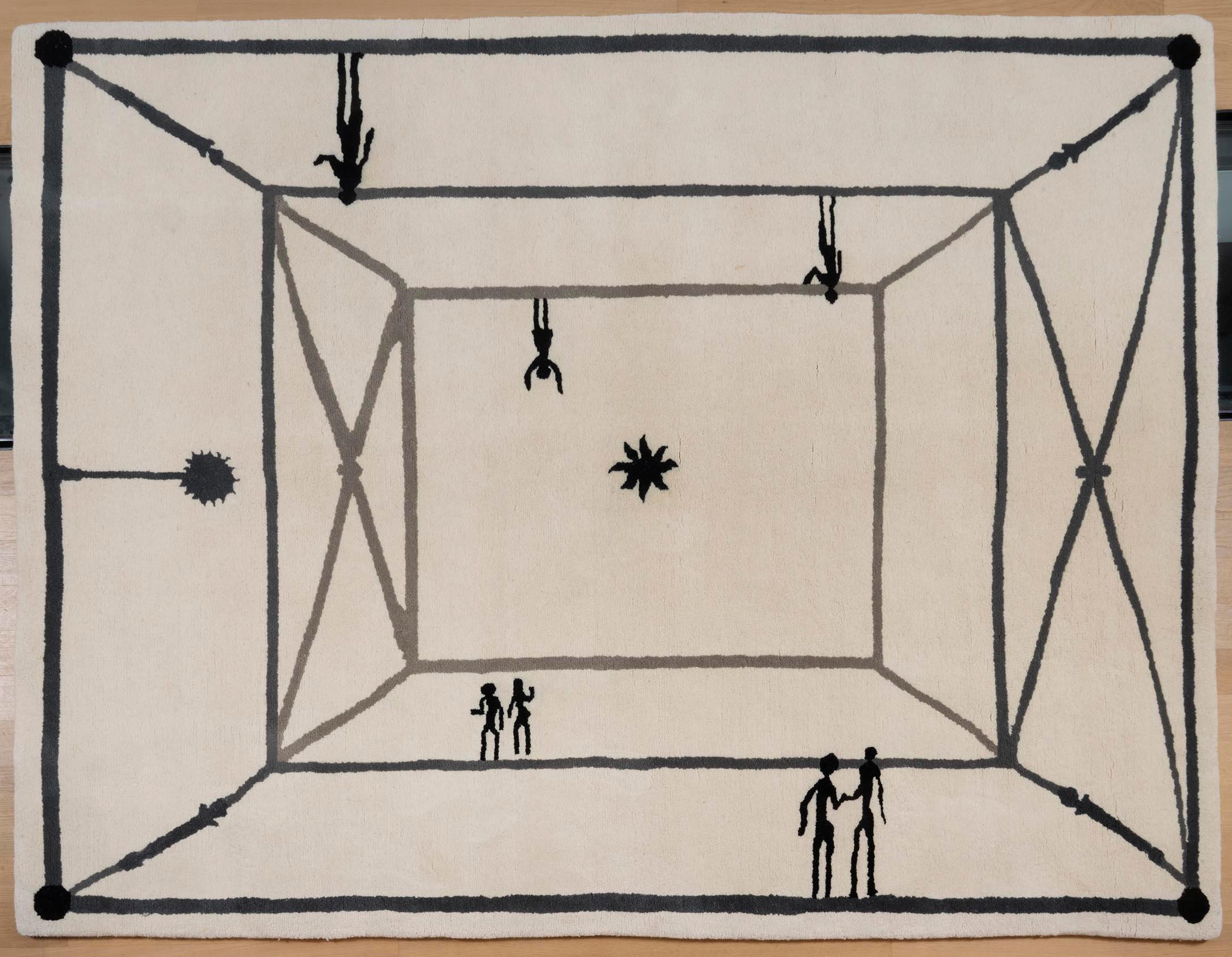 DIEGO GIACOMETTI 
La Rencontre, 1984
Ed. 47/100 pcs
Tissé sur métier à tisser, à la pointe et à l'aiguille, à la main, tout en laine, trame en coton, pour usage mural et au sol
245 x 185 cm I 96 1/2 x 72 7/8 in
Signature tissée et numérotée : D.