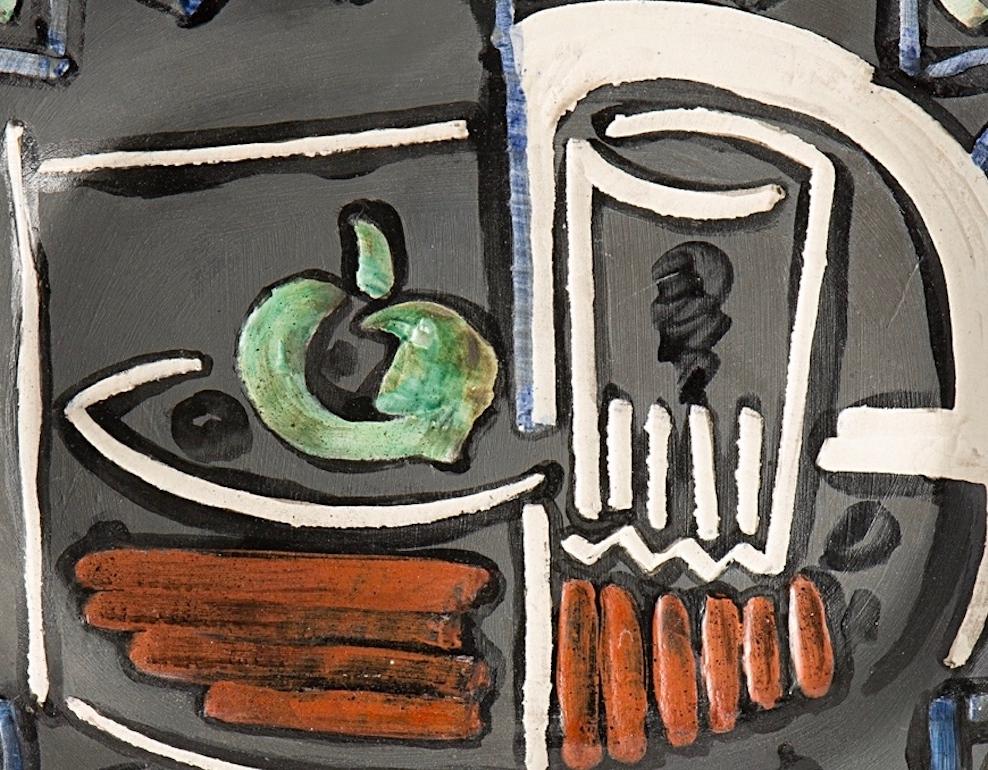 Nature morte, Still Life, Pablo Picasso, 1950's, Polychrome ceramic, Design

Ed. 400 pcs
1953
Polychrome glazed ceramic
32 x 39 cm
Signed and stamp on the back : Editions Picasso, D'après Picasso, Madoura Plein Feu
Picasso : Catalogue of the edited