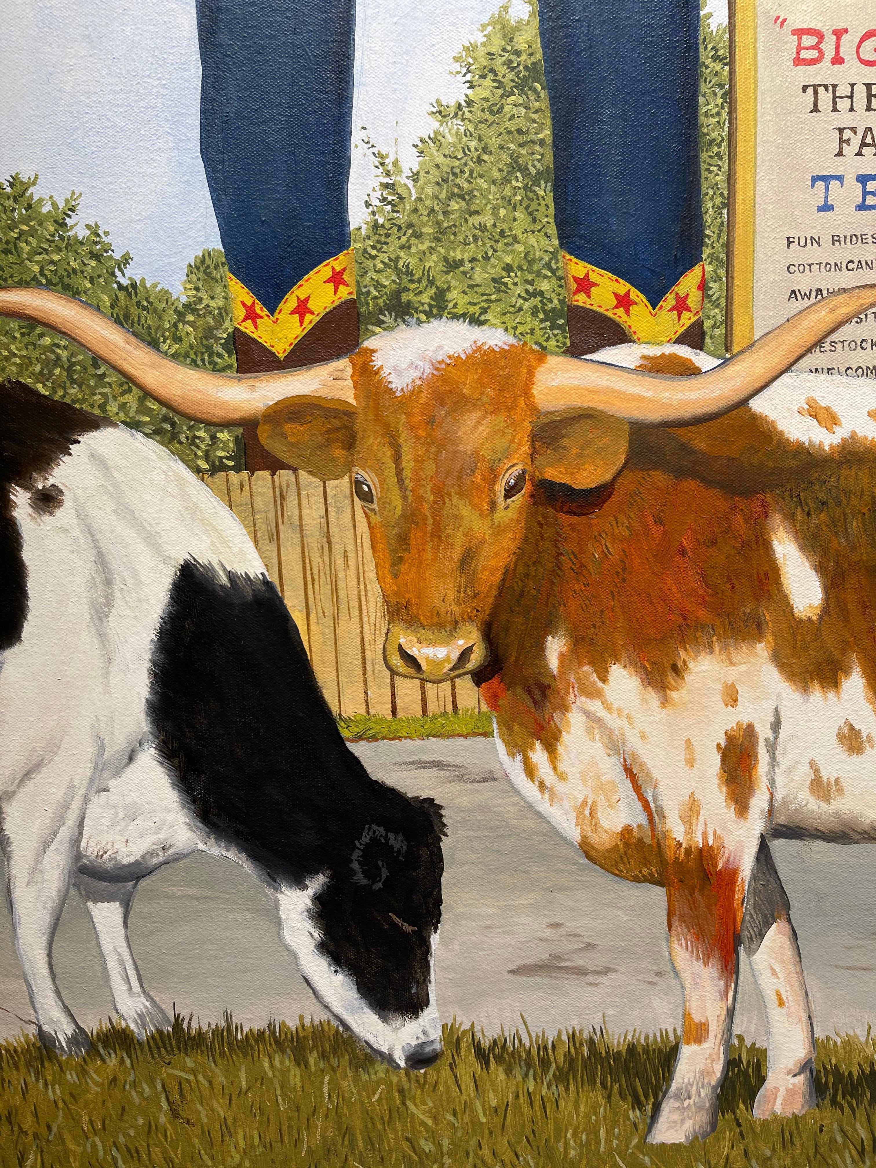 Contemporary American Oil Painting with Big Tex, Cowboy, and Texas State Fair - Gray Still-Life Painting by Daniel Blagg