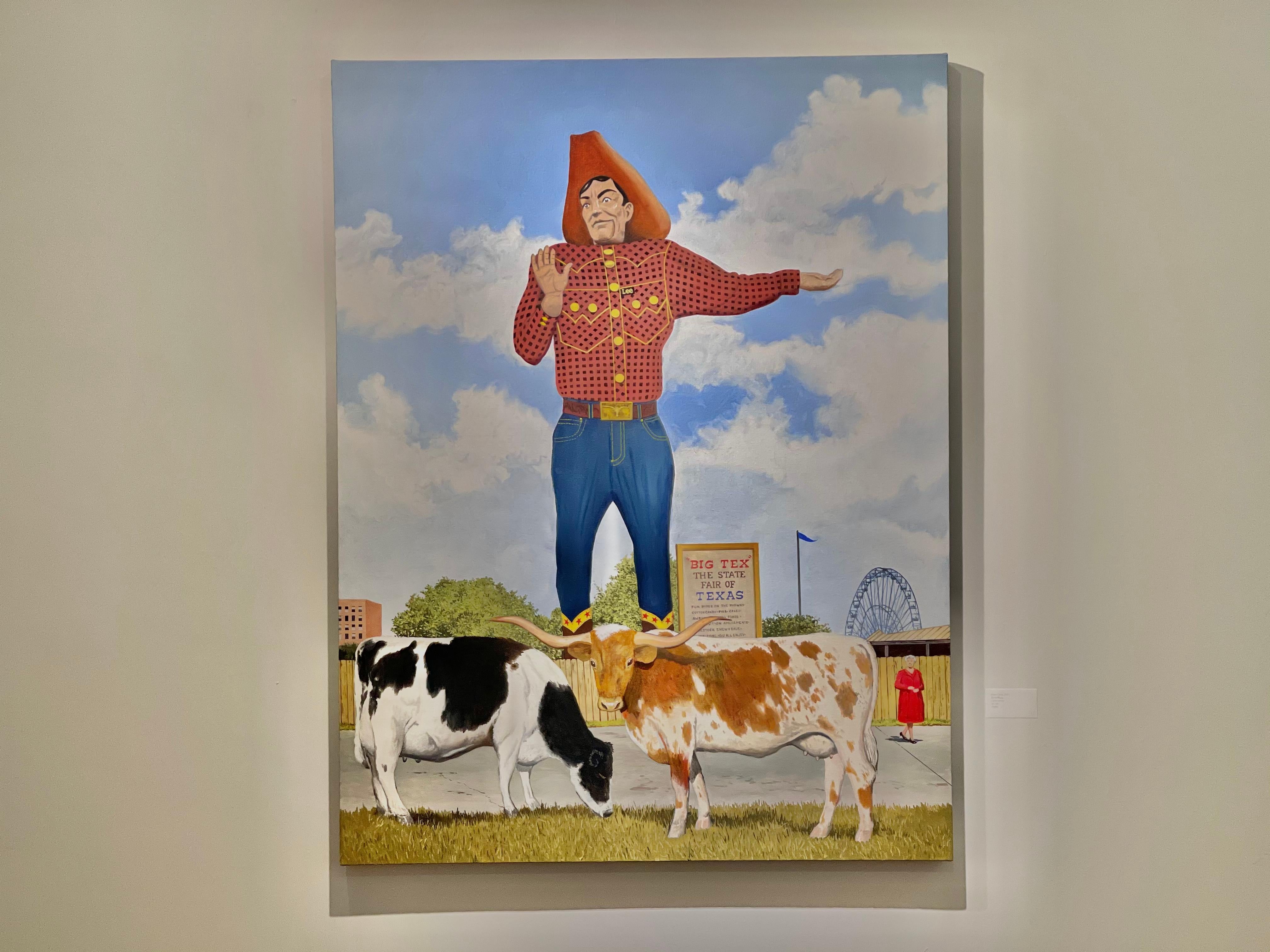 Peinture à l'huile américaine contemporaine avec le Big Tex, le cowboy et la foire d'État du Texas - Réalisme américain Painting par Daniel Blagg