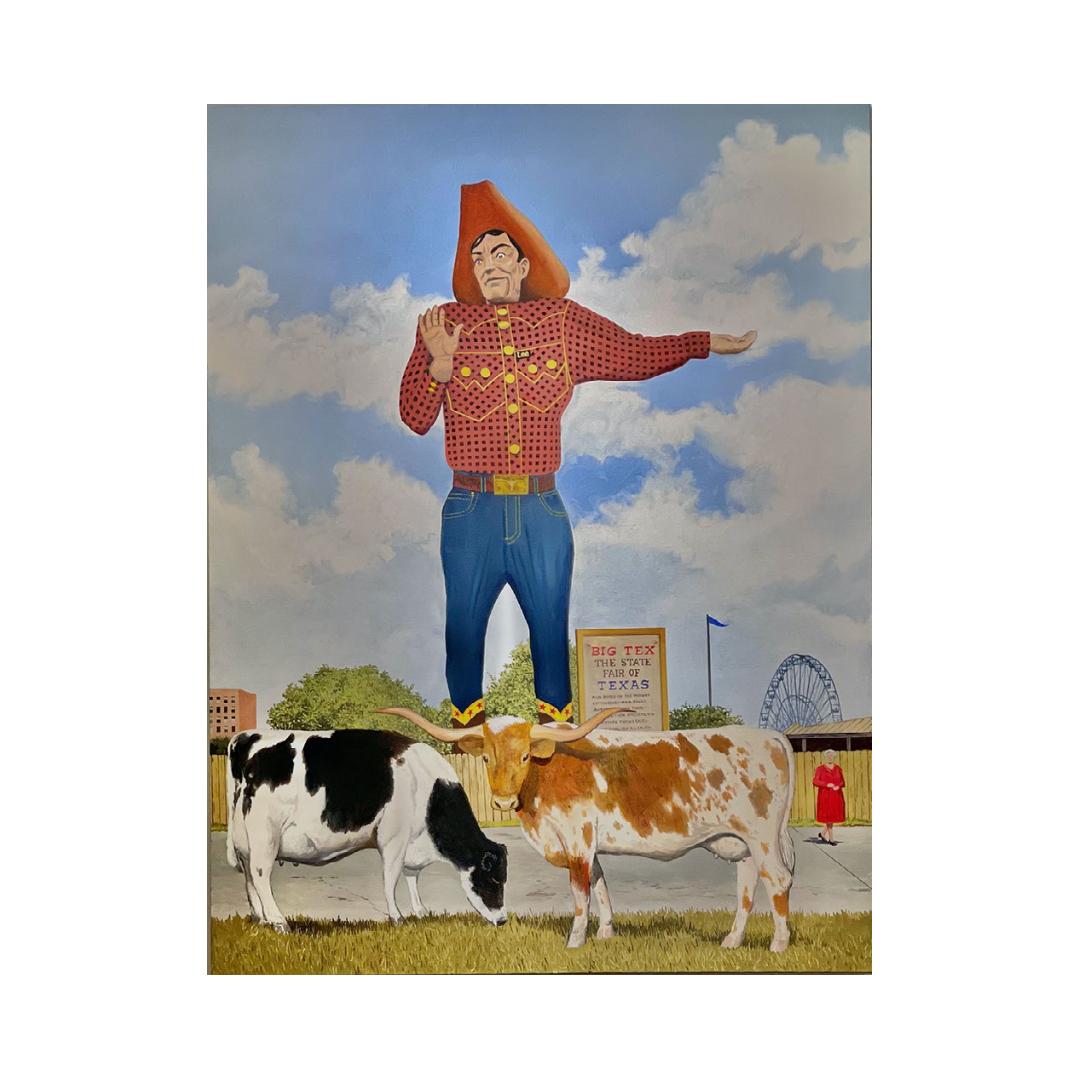 Peinture à l'huile américaine contemporaine avec le Big Tex, le cowboy et la foire d'État du Texas - Painting de Daniel Blagg