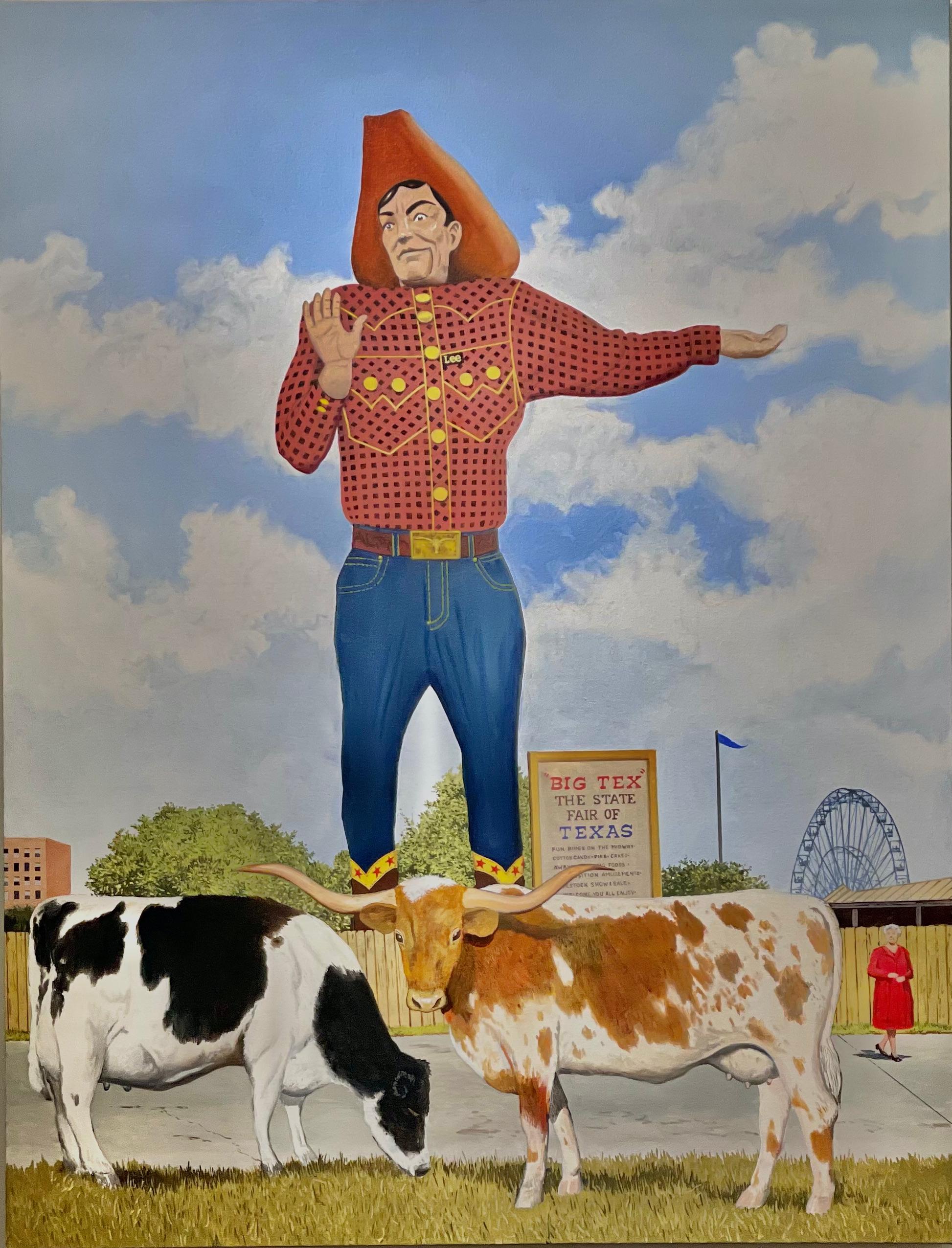 Peinture à l'huile américaine contemporaine avec le Big Tex, le cowboy et la foire d'État du Texas