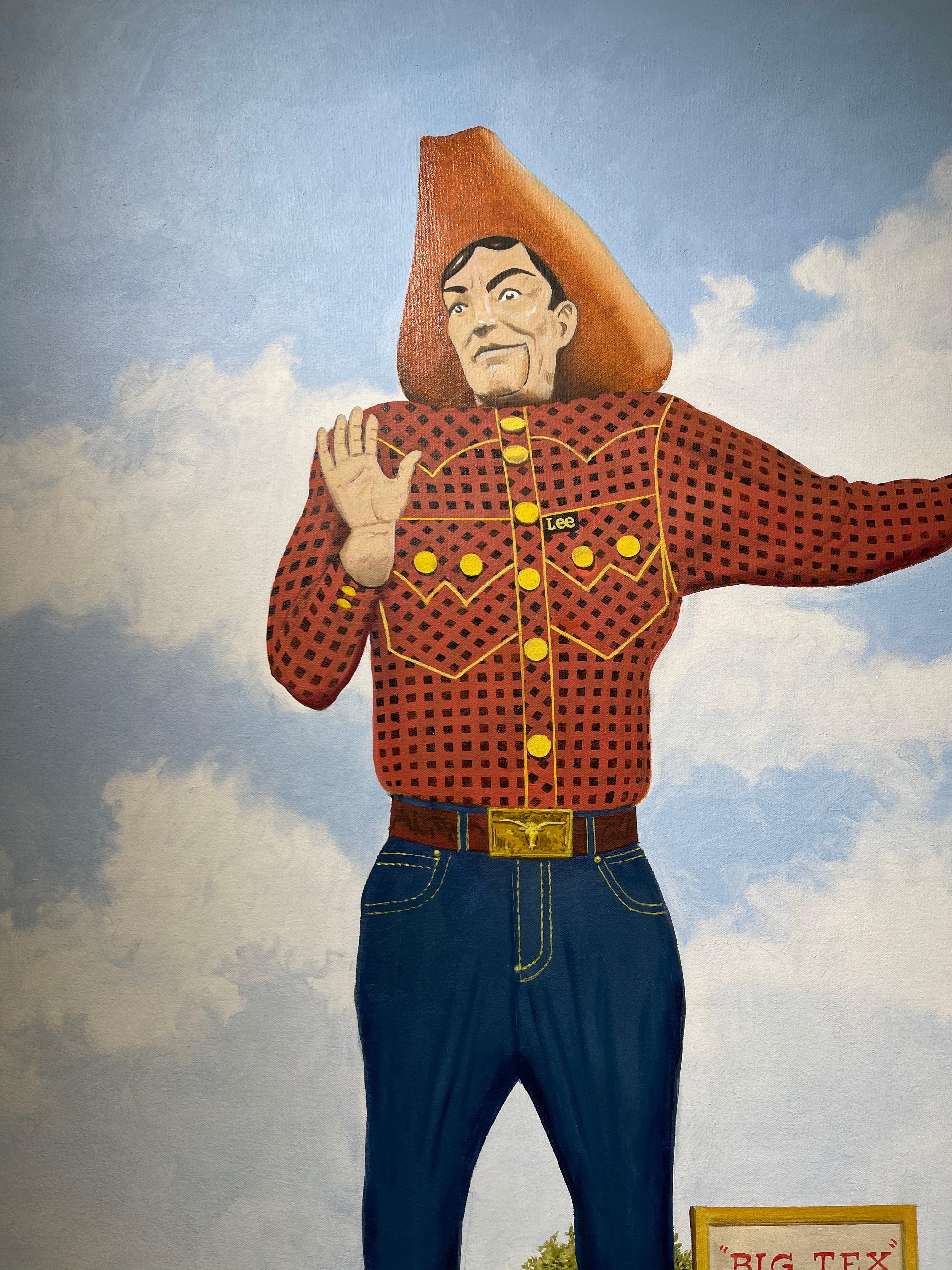 Peinture à l'huile américaine contemporaine avec le Big Tex, le cowboy et la foire d'État du Texas - Gris Still-Life Painting par Daniel Blagg