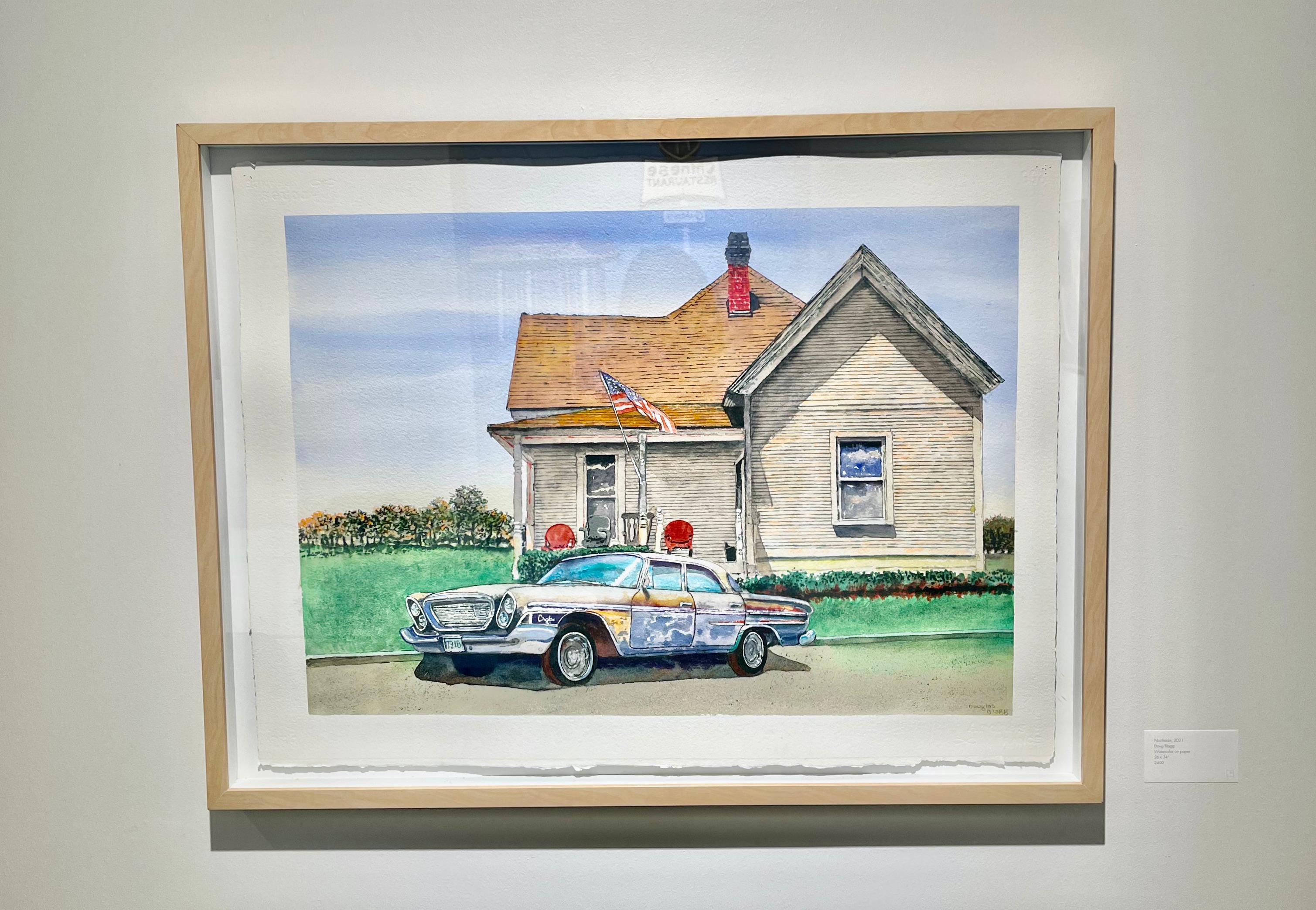Contemporary American Water Color of Car and LA Home and Texas Landscape