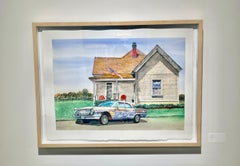 Aquarelle américaine contemporaine représentant une voiture et une maison de Los Angeles et un paysage texan