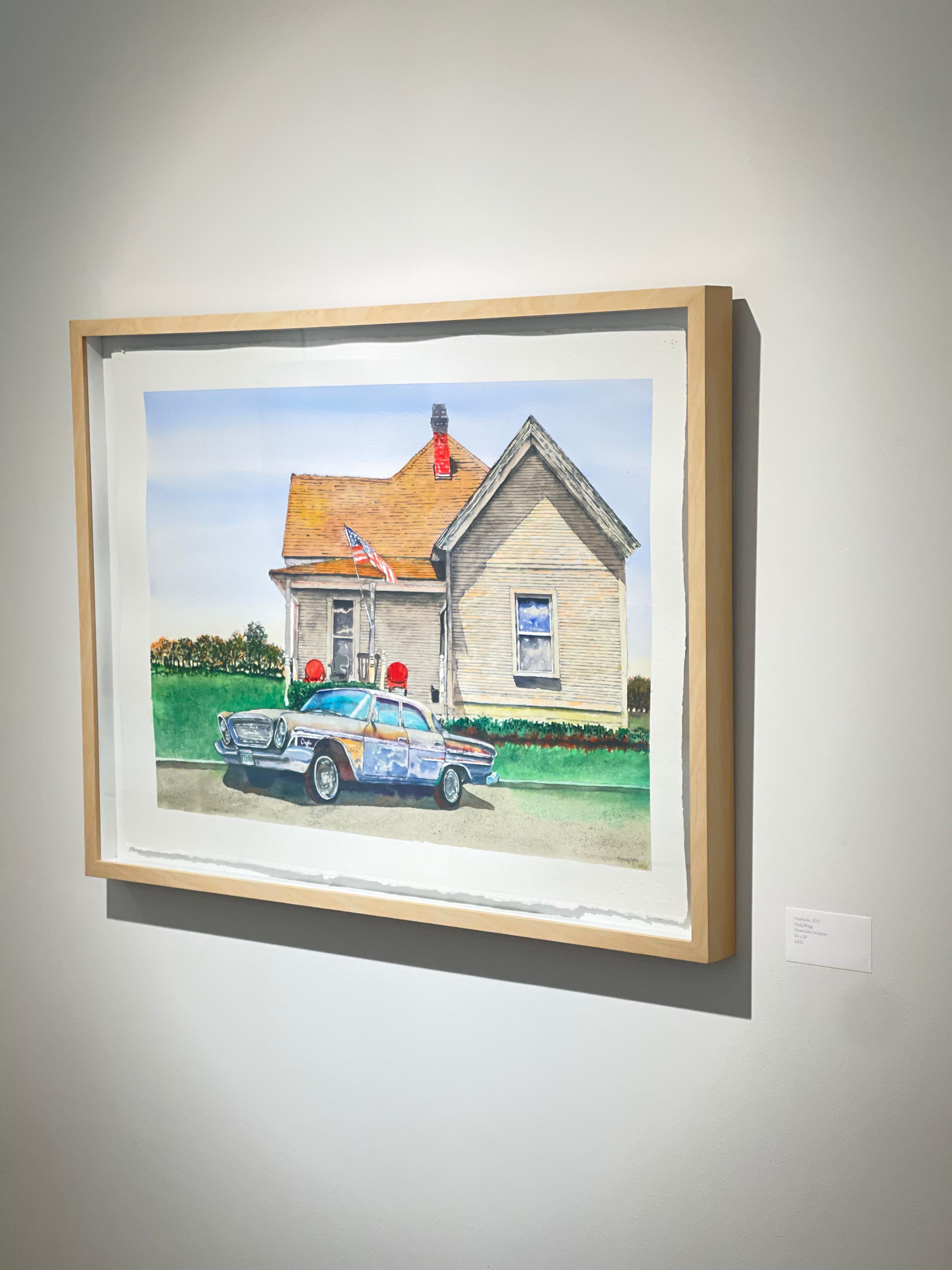 Aquarelle américaine contemporaine représentant une voiture et une maison de Los Angeles et un paysage texan - Art de Doug Blagg