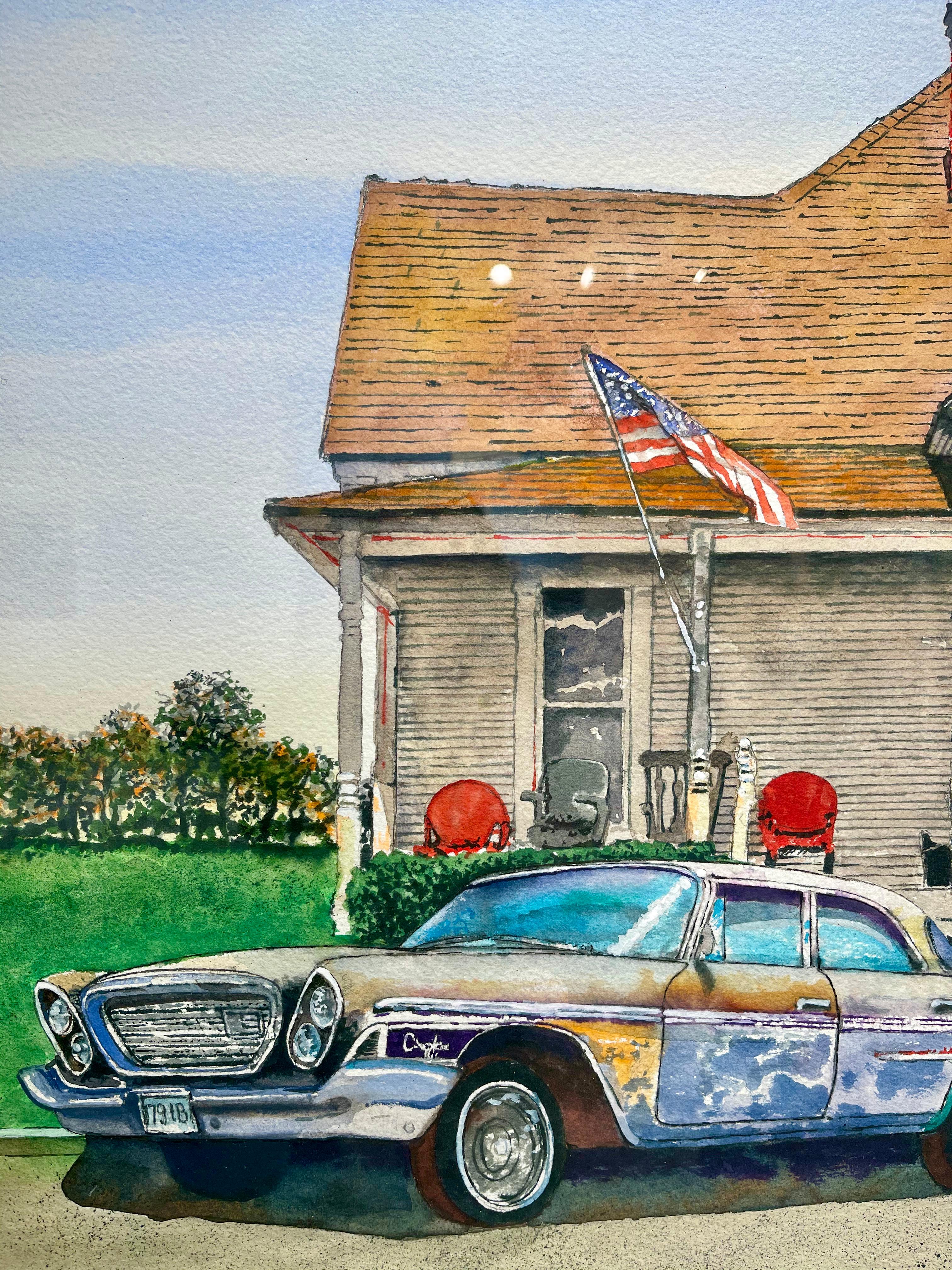 Aquarelle américaine contemporaine représentant une voiture et une maison de Los Angeles et un paysage texan en vente 1