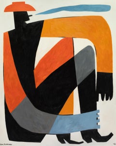Abstract and Colorful Contemporary American Oil of a Cowboy Smoking w/ White