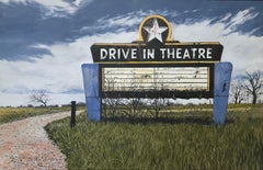 Panneau d'enseigne du théâtre de cinéma américain contemporain « Drive In », symbole nostalgique, au Texas