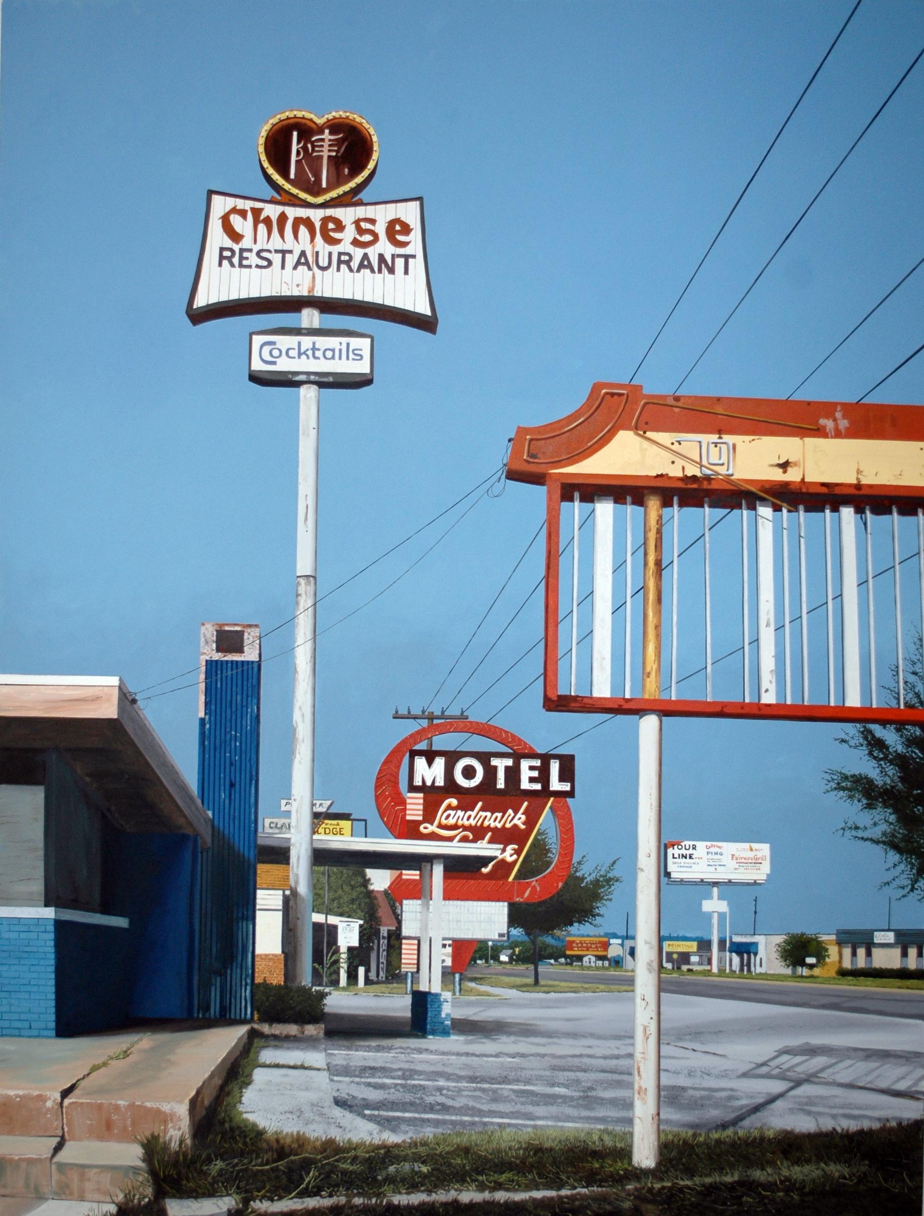 Panneau américain contemporain Nostalgia représentant un restaurant chinois avec un ciel bleu 
