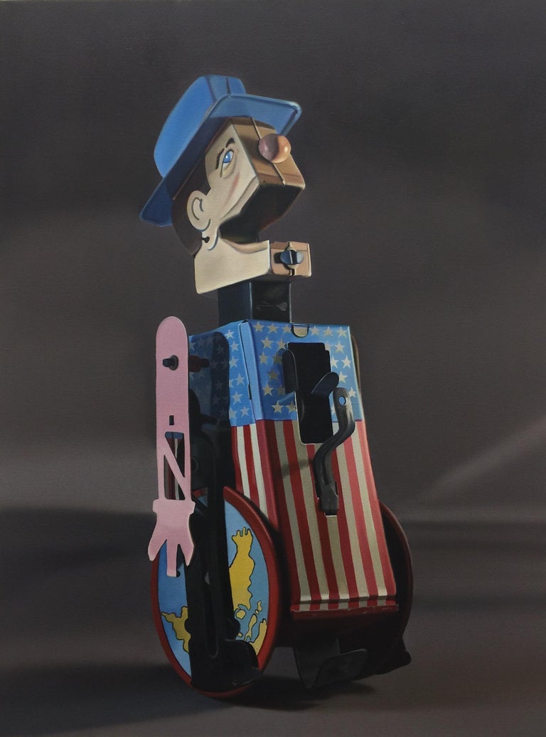 John Hartley Figurative Painting - Medium Oil painting of Vintage, Antique, Collectable Toy Wearing American Flag