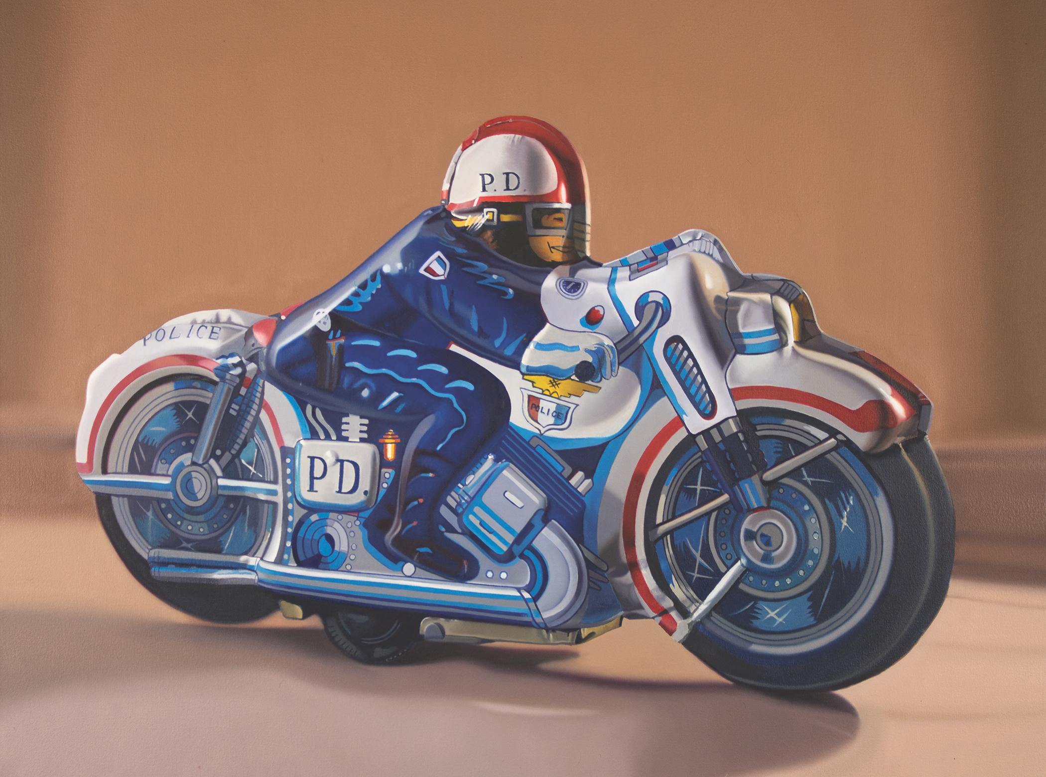 Contemporary Oil of Vintage, Antique, Collectable Toy Police Man on Motorcycle 