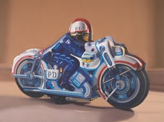 Contemporary Oil of Vintage, Antique, Collectable Toy Police Man on Motorcycle