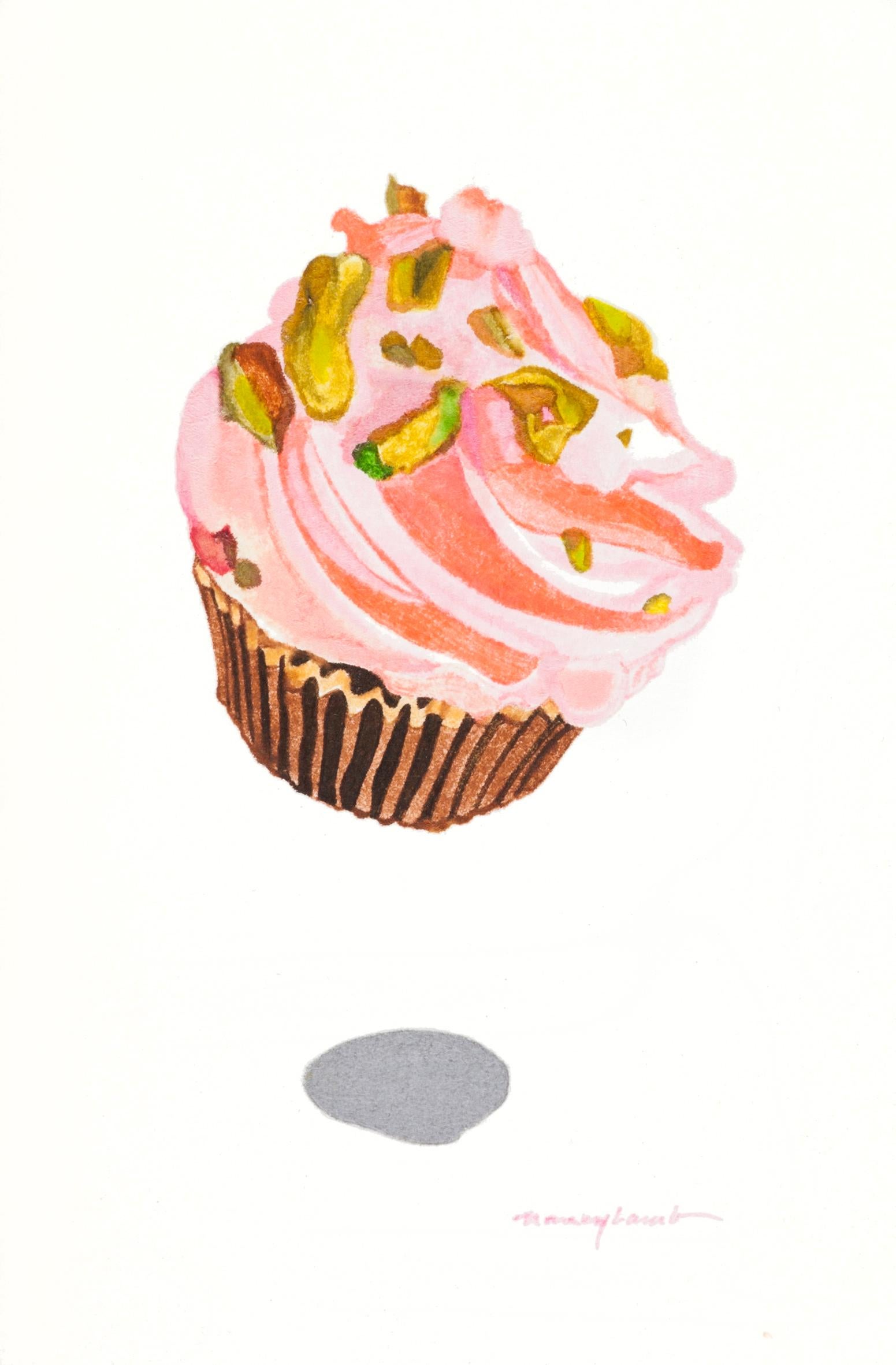 Small Contemporary Dessert Watercolor of Pink Strawberry Cupcake with Pistachios