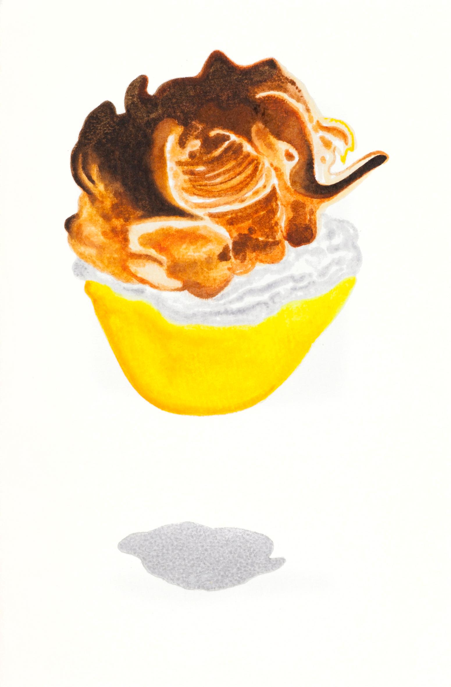 Still-Life Nancy Lamb  - Petit dessert à manches bouffantes contemporain à l'aquarelle en crème sur papier, idéal pour la cuisine/le bar