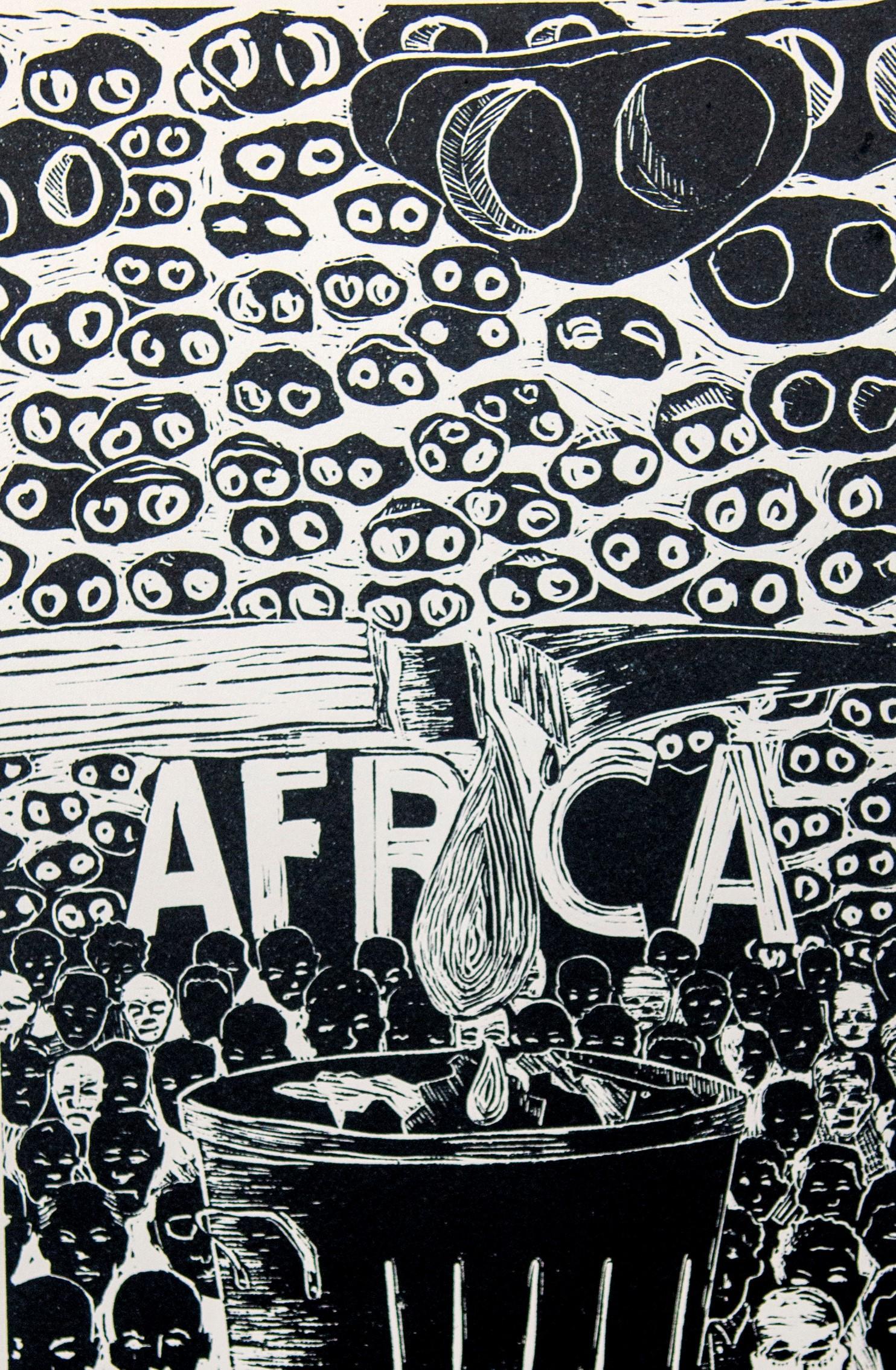 I see Africa as one again. Linoleum block print on ivory rosaspina fabriano - Gray Landscape Print by Actofel Ilovu