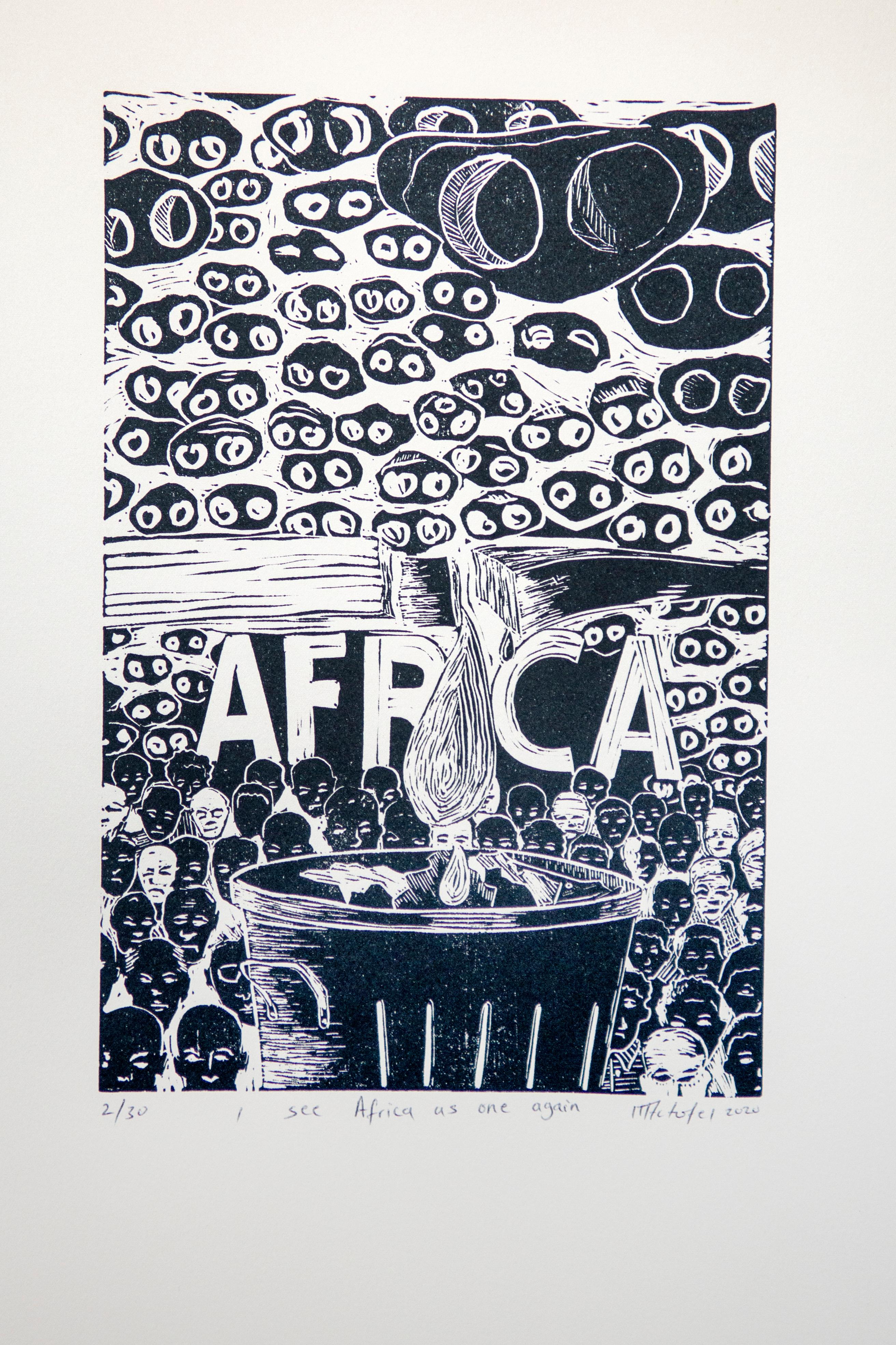 I see Africa as one again. Linoleum block print on ivory rosaspina fabriano - Contemporary Print by Actofel Ilovu