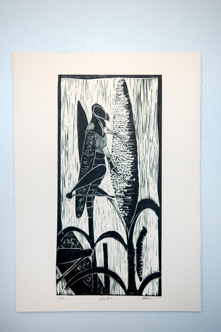 Disaster. Linoleum block print on ivory rosaspina fabriano - Gray Animal Print by Actofel Ilovu