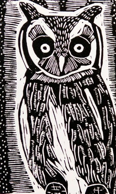 African White Faced Owl, Elia Shiwoohamba, Linoleum block print on paper