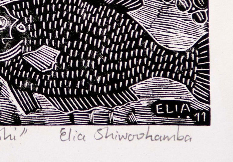 Oshi, 2011. Linoleum block print on paper. Unlimited Edition

Elia Shiwoohamba was born in 1981 in Windhoek, Namibia. He graduated from the John Muafangejo Art Centre in Windhoek in 2006. Specialising in printmaking and sculpture, Shiwoohamba works