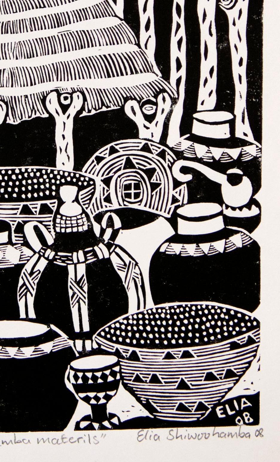 Owamba Materials, 2008. Linoleum block print on paper

Elia Shiwoohamba was born in 1981 in Windhoek, Namibia. He graduated from the John Muafangejo Art Centre in Windhoek in 2006. Specialising in printmaking and sculpture, Shiwoohamba works as a