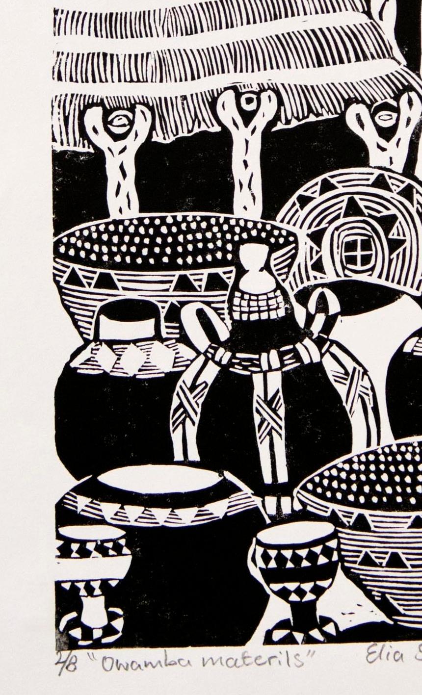 Owamba Materials, Elia Shiwoohamba, Linoleum block print on paper For Sale 1