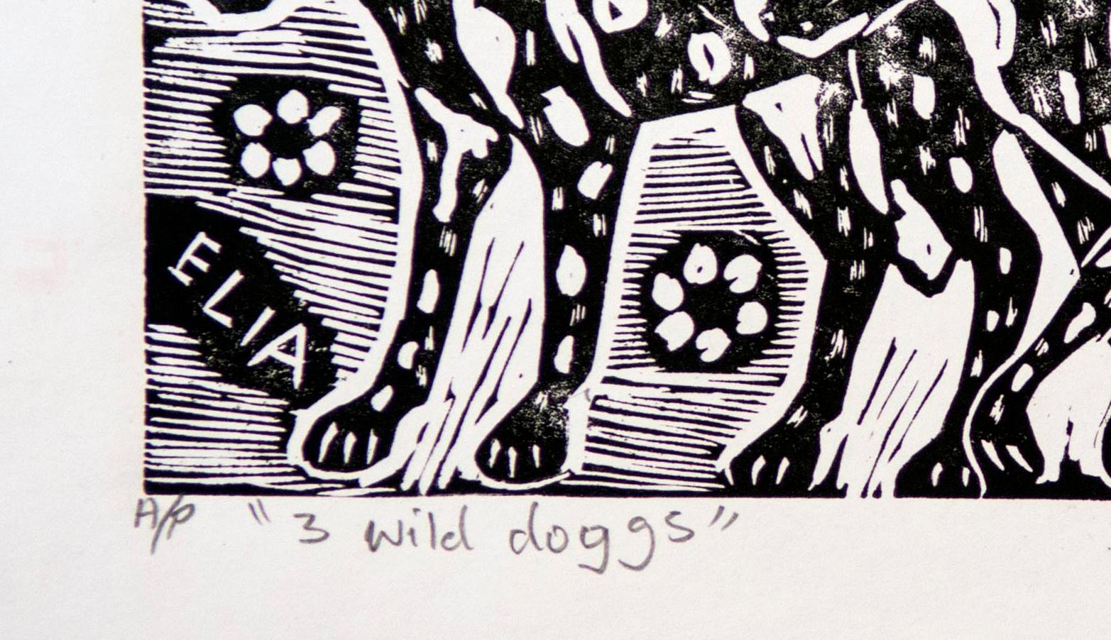 3 Wild Dogs, 2011. Linoleum block print on paper. Unlimited Edition

Elia Shiwoohamba was born in 1981 in Windhoek, Namibia. He graduated from the John Muafangejo Art Centre in Windhoek in 2006. Specialising in printmaking and sculpture, Shiwoohamba