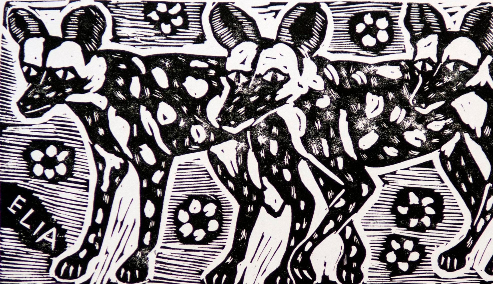 3 Wild Dogs, Elia Shiwoohamba, Linoleum block print on paper 1