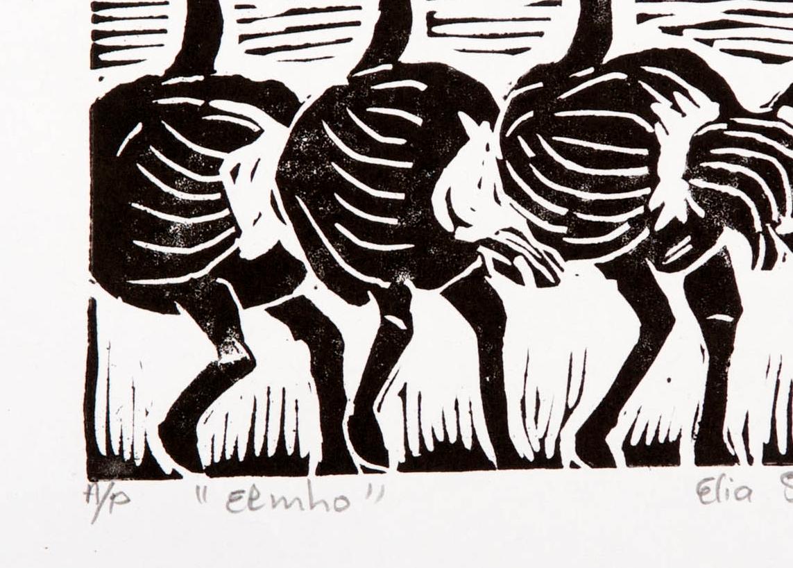 Elmho, Undated. Linoleum block print on paper. Unlimited Edition

Elia Shiwoohamba was born in 1981 in Windhoek, Namibia. He graduated from the John Muafangejo Art Centre in Windhoek in 2006. Specialising in printmaking and sculpture, Shiwoohamba