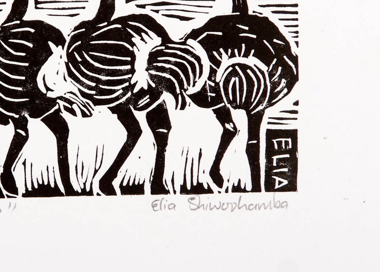 Elmho, Undated. Linoleum block print on paper. Unlimited Edition

Elia Shiwoohamba was born in 1981 in Windhoek, Namibia. He graduated from the John Muafangejo Art Centre in Windhoek in 2006. Specialising in printmaking and sculpture, Shiwoohamba