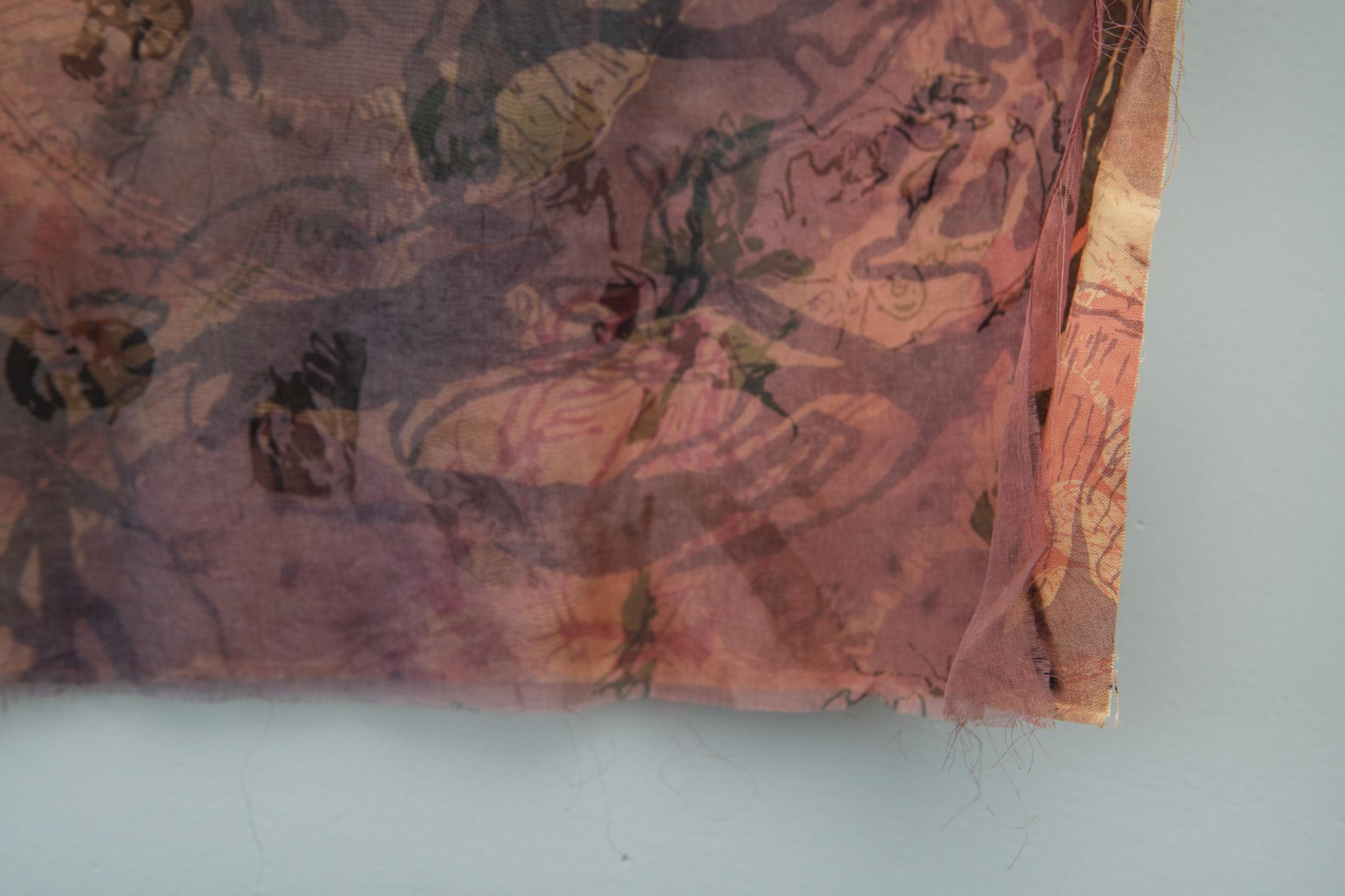 Untitled, 2014. 100% Silk Chiffon, 100% Cotton, Hand Dyed and Silk Screen Printed. Remembrance Through Cloth Collection, 590 x 870mm

Born in Namibia, Lynette Diergaardt received her Bachelors of Art from the University of Namibia and her Masters in
