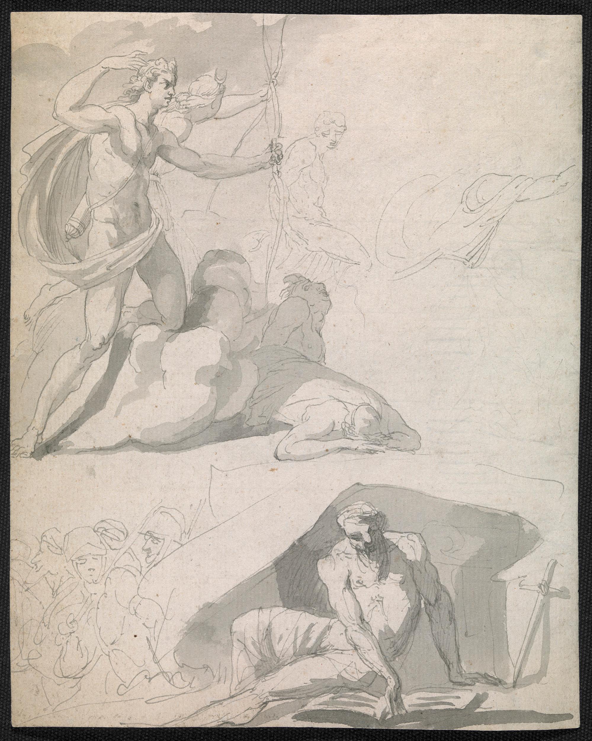 John Hamilton Mortimer Figurative Art – Zeichnung eines alten Meisters aus dem achtzehnten Jahrhundert - Apollo zerstört die Kinder von Niobe