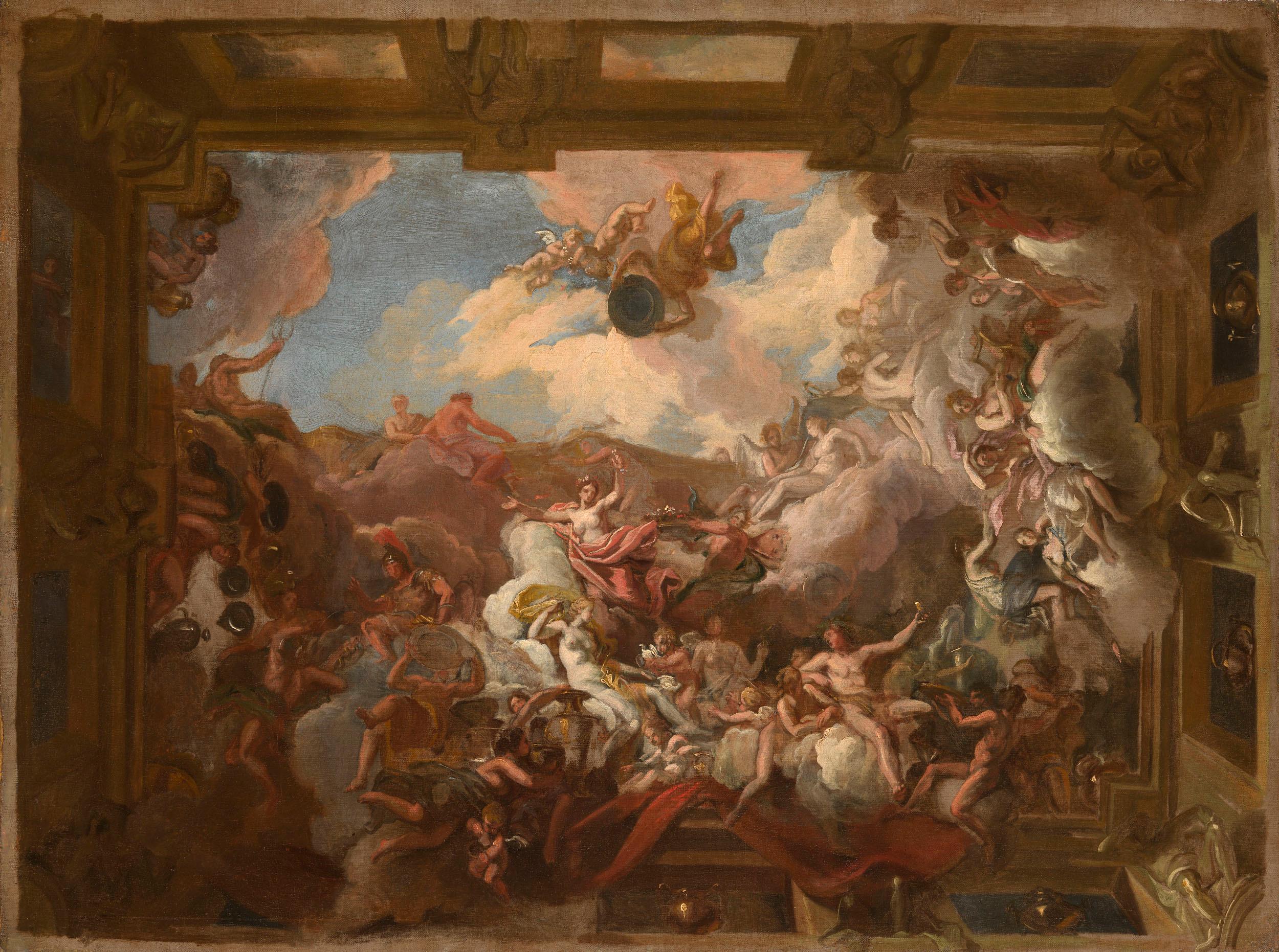 Des croquis à l'huile du XVIIIe siècle pour un intérieur baroque - une paire - Baroque Painting par Louis Chéron