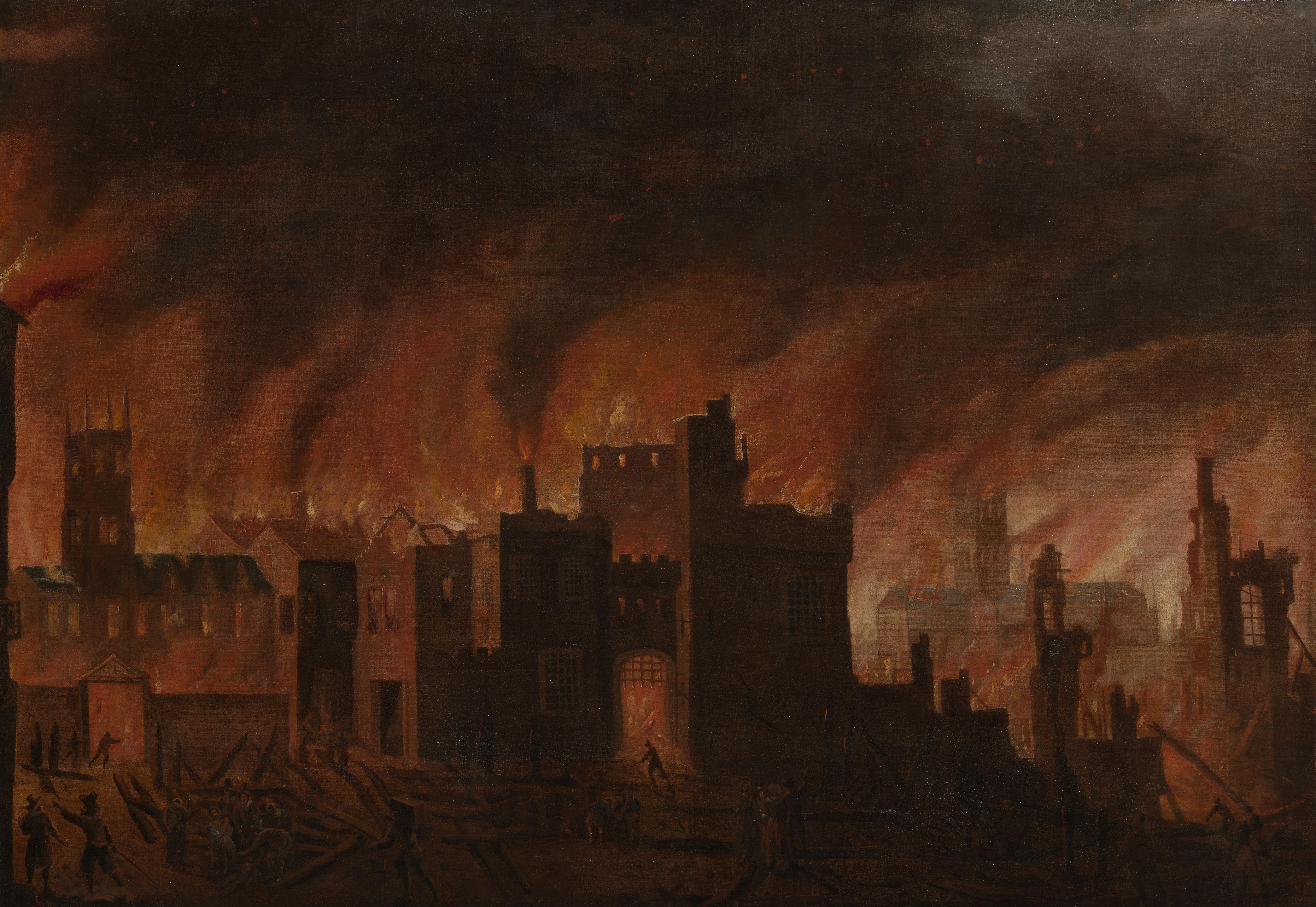 Peinture à l'huile ancienne représentant le grand feu de Londres - Painting de Jan Griffier the Elder