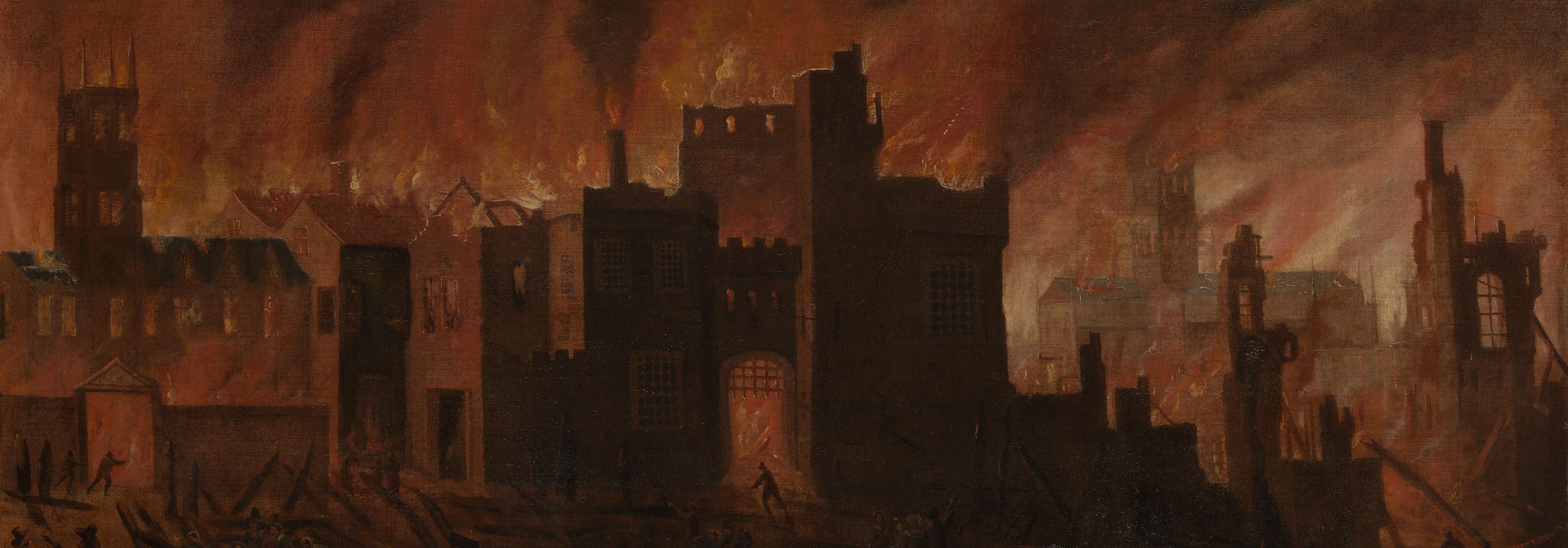 Peinture à l'huile ancienne représentant le grand feu de Londres - Maîtres anciens Painting par Jan Griffier the Elder
