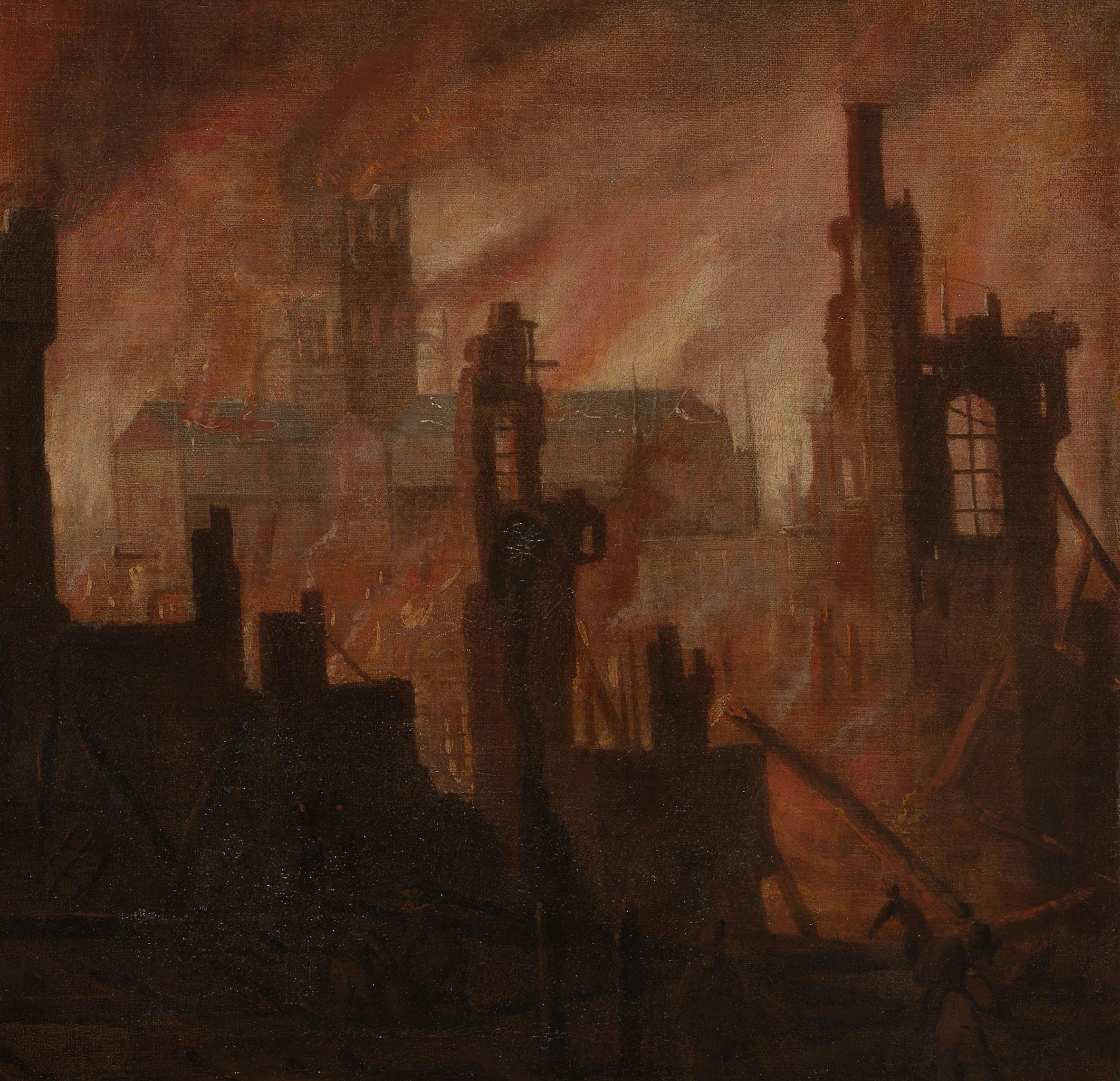Peinture à l'huile ancienne représentant le grand feu de Londres - Noir Landscape Painting par Jan Griffier the Elder