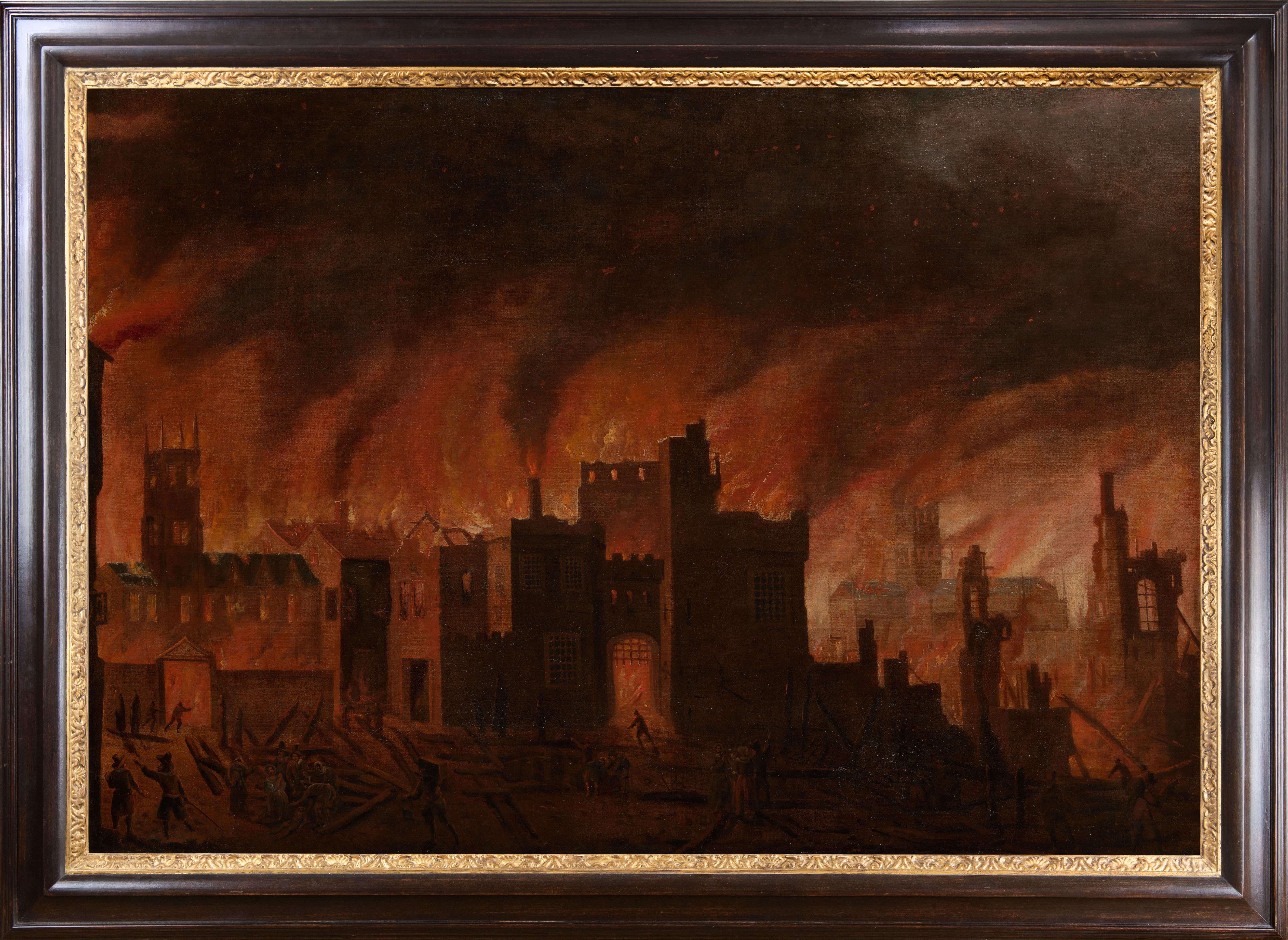 Peinture à l'huile ancienne représentant le grand feu de Londres