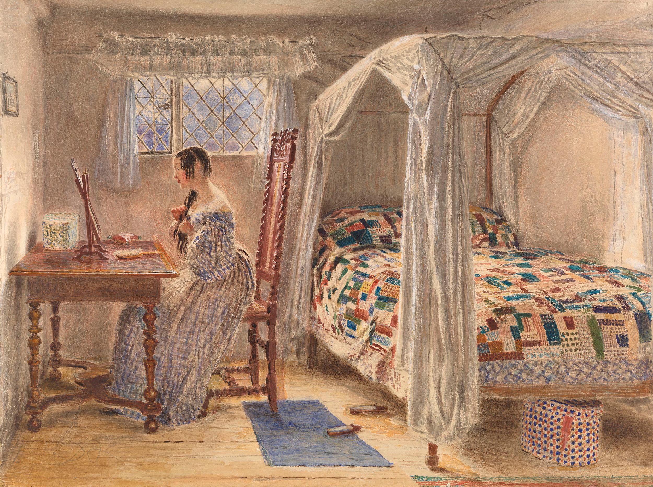 Aquarell eines Mädchens an ihrem Kleidertisch aus dem 19. Jahrhundert