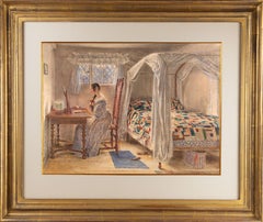 19th century watercolour of a Girl at her Dressing Table