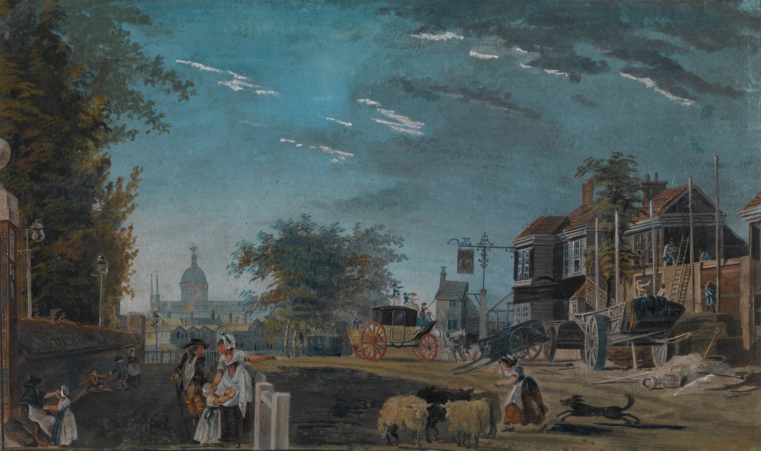James Miller Landscape Painting - 18th century view of the Elephant and Castle in London