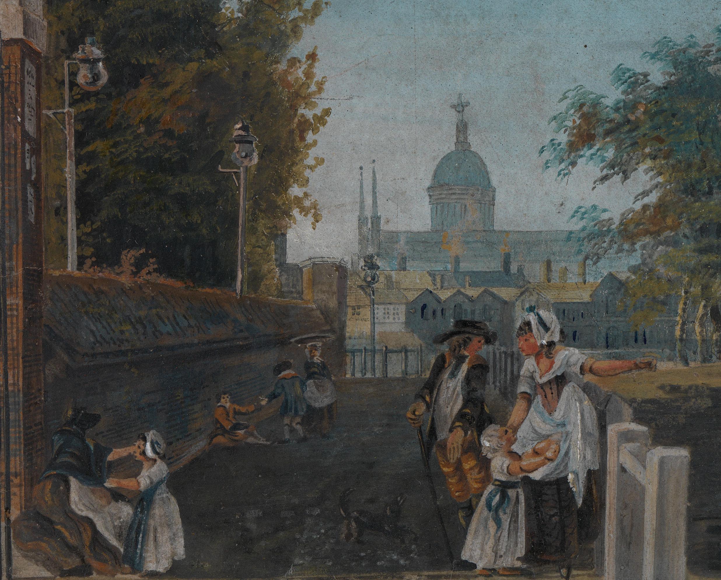 Veduta del 18° secolo dell'Elephant and Castle a Londra - Landscape Painting Nero di James Miller