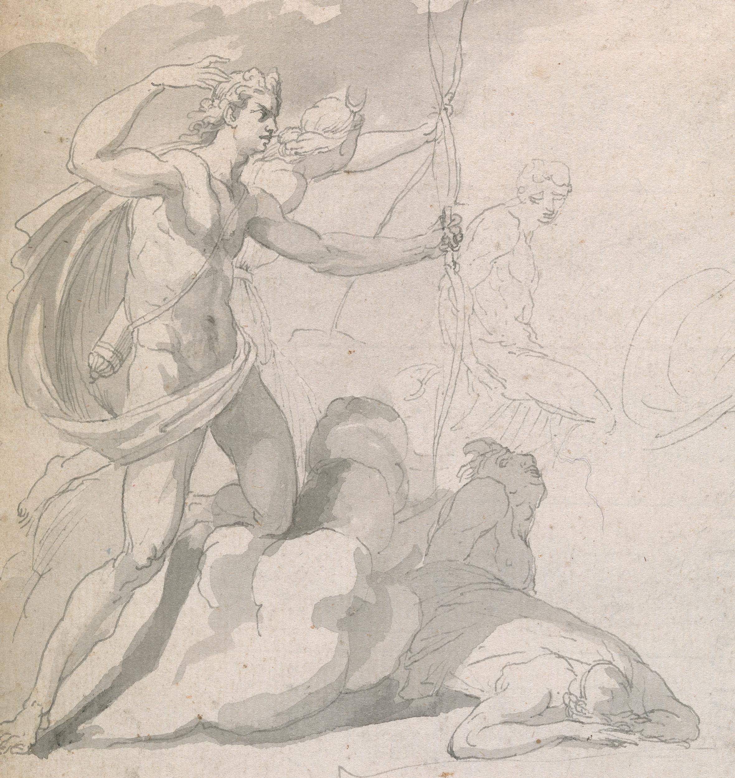Zeichnung eines alten Meisters aus dem achtzehnten Jahrhundert - Apollo zerstört die Kinder von Niobe – Art von John Hamilton Mortimer