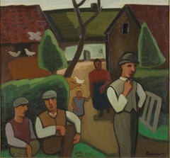 Farming Family on a Sunday Morning, Oil on Canvas. Framed and Signed