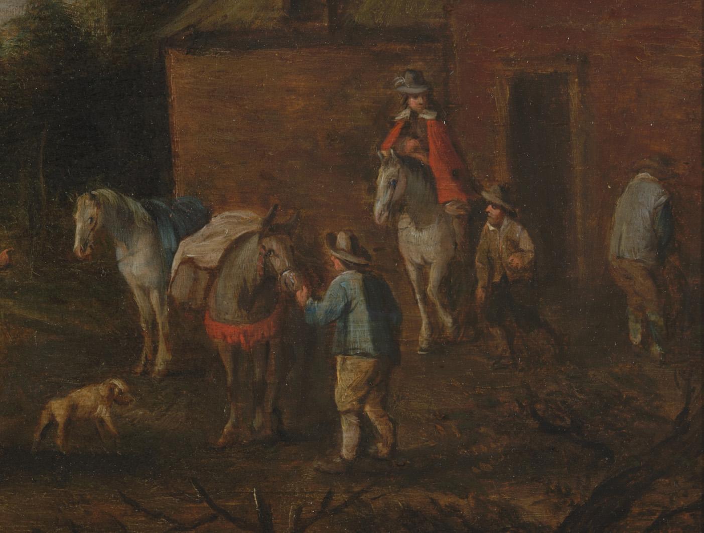 Comme le faisait souvent le peintre néerlandais Philips Wouwerman, cet artiste a peint des voyageurs s'arrêtant dans une auberge ou une ferme. L'un des hommes est descendu de son cheval pour uriner contre la façade du bâtiment. Le motif de l'homme