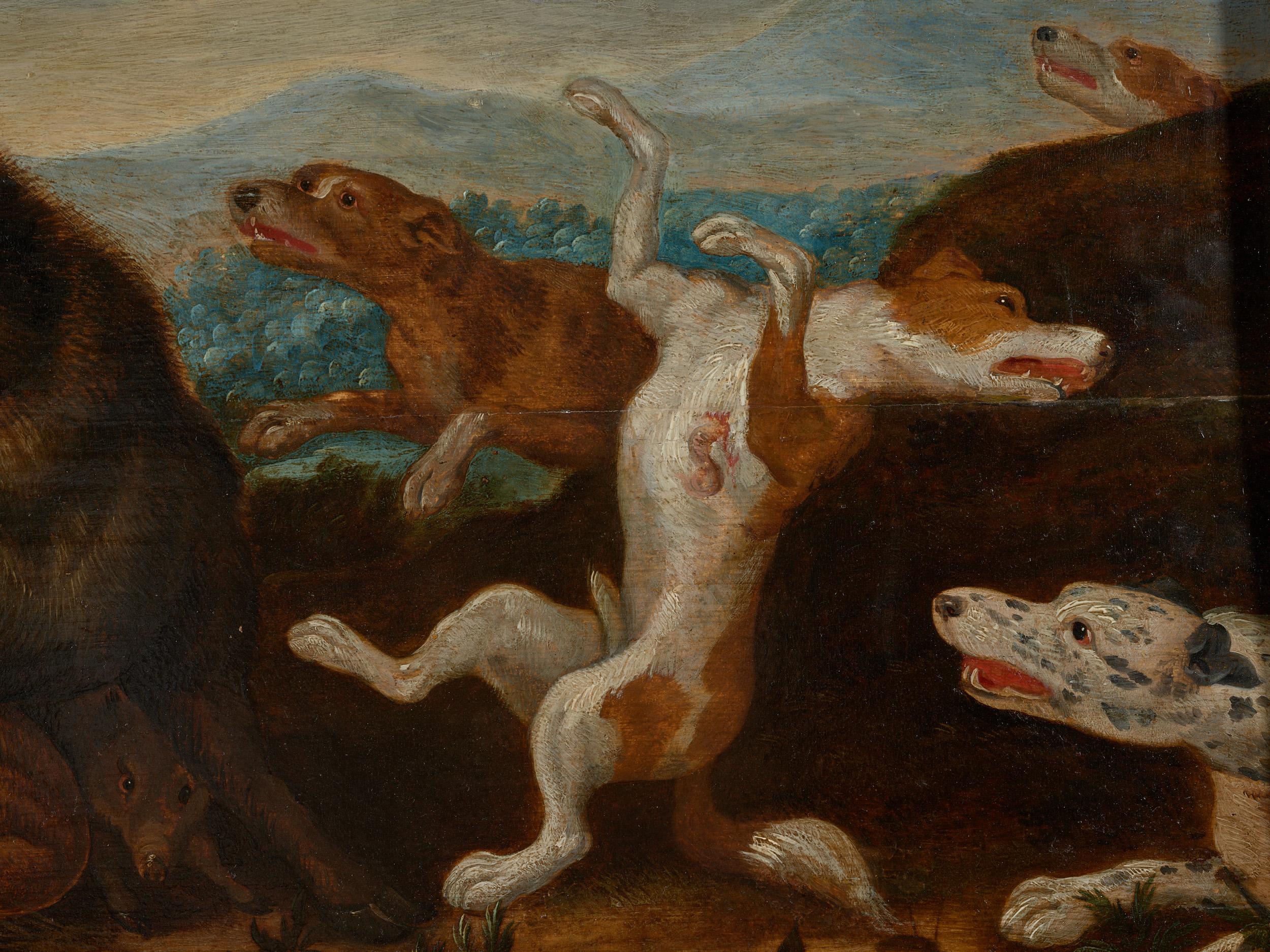 17e siècle, style baroque, scène de chasse, chasse à la chasse à la chasse au sanglier dans le style de Frans Snijders - Marron Landscape Painting par Jan van Kessel 