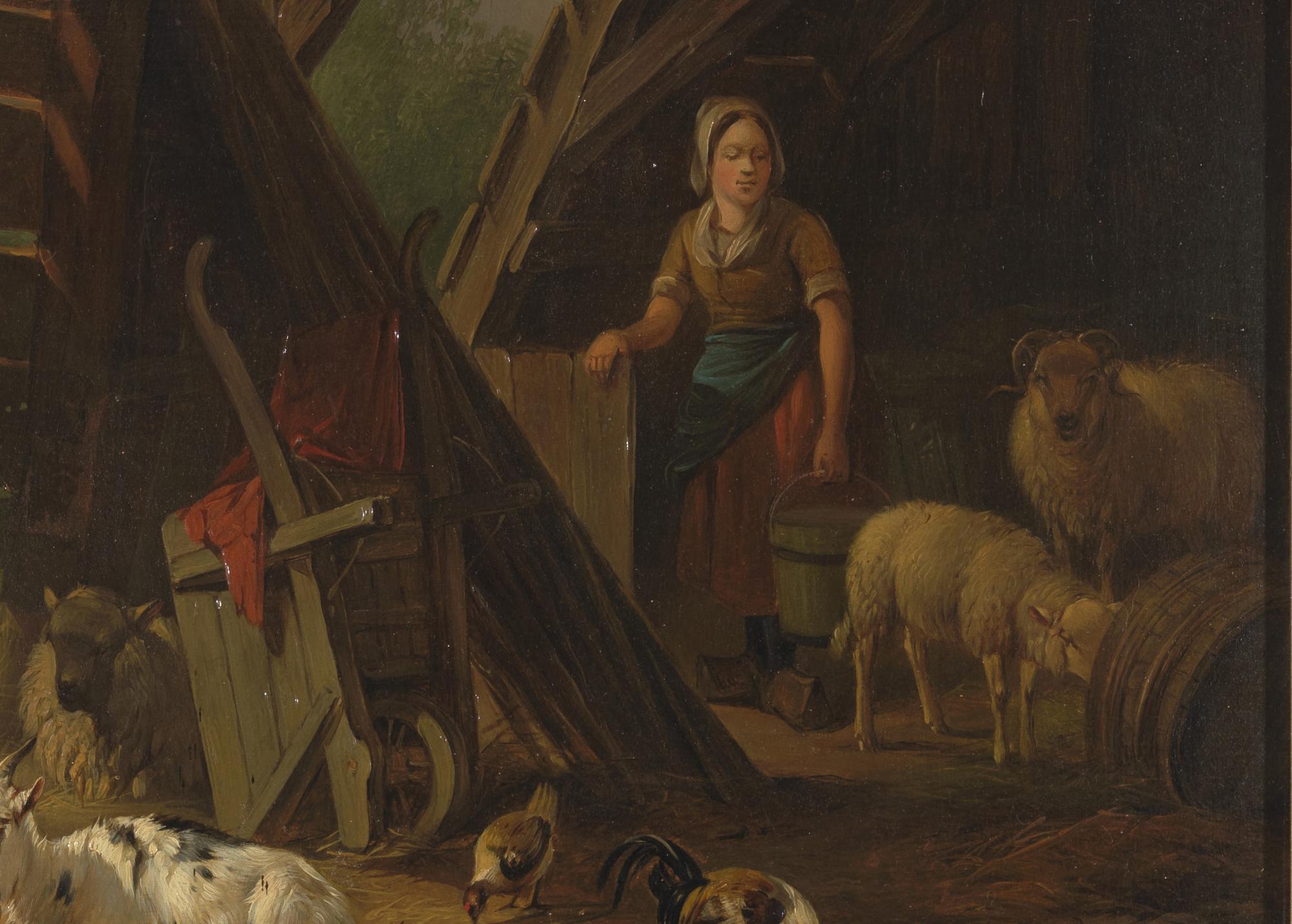 19th C, Romanticism, Genre Painting, Sheepstable  - Brown Animal Painting by Pieter Plas