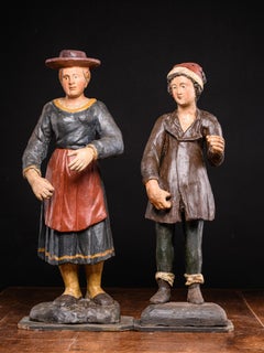 19th C Pair of Breton polychromed fruitwood statues depicting Fishermans