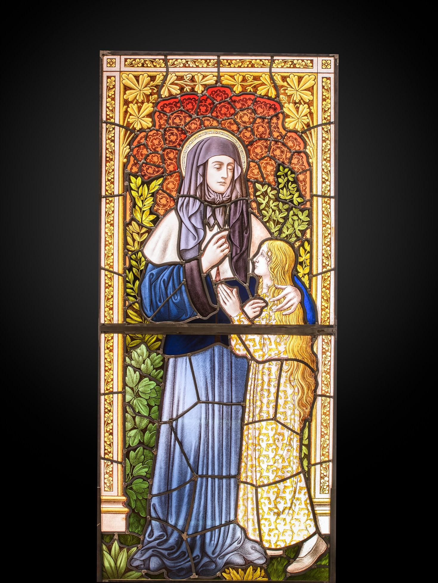 Neo-Gothic Stained Glass Window with St. Angela - Art by Unknown